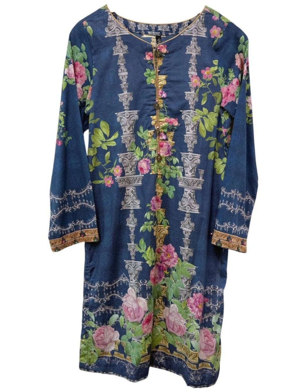 ETHNIC BY OUTFITTERS Tunic Top XS Blue Statement Roses w/ Columns Print Cotton